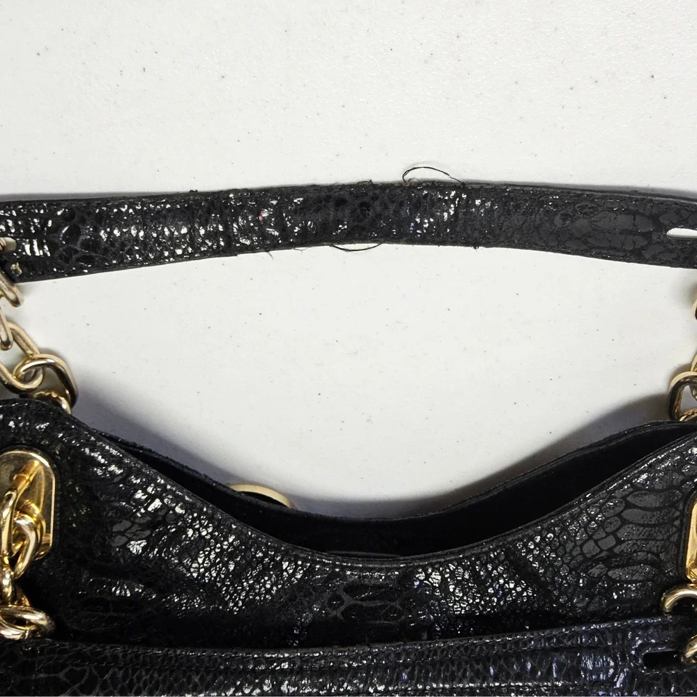 Michael Kors Fulton Shoulder Bag‎ Womens Large Black Snake Embossed Leather Gold